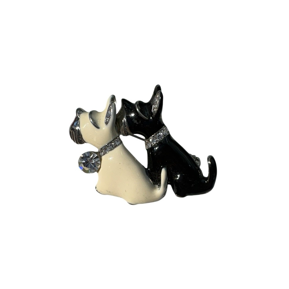 Vintage Silver Tone Rhinestone Collar Enamel Scottish Terrier Dog Duo Brooch Pin